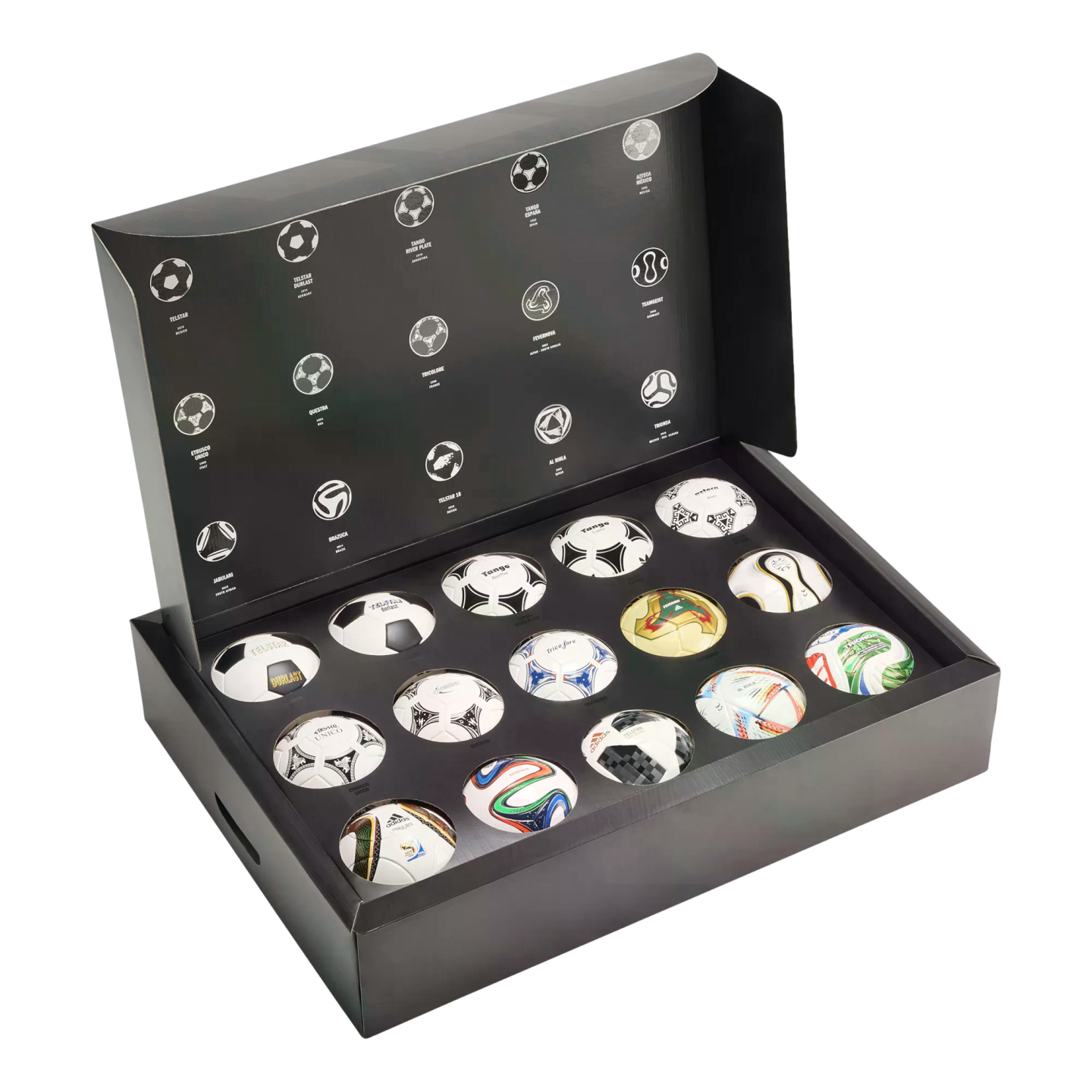 A black box collection featuring fourteen mini replicas of historic FIFA World Cup match balls, with their names and designs illustrated on the open lid.