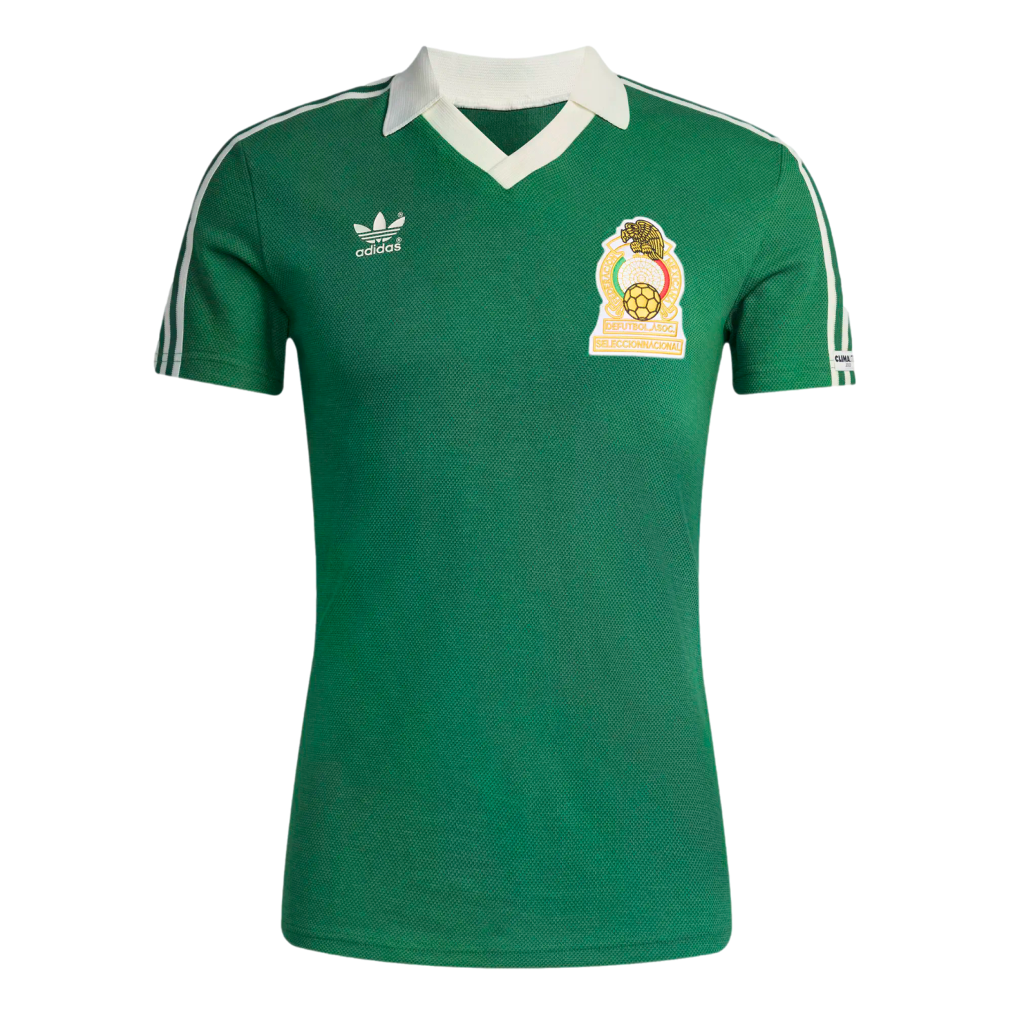 Retro green Mexico national team soccer jersey featuring a white v-neck collar, white Adidas trefoil logo, and Mexican football federation crest on the chest.
