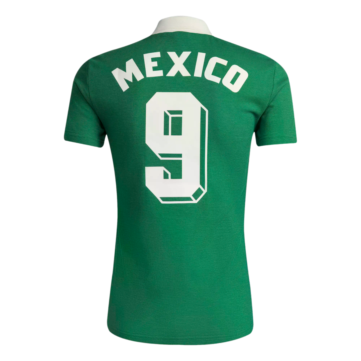 Back view of a green Mexico soccer jersey with white arched "MEXICO" text and a large white 3D block number 9 below a white collar.