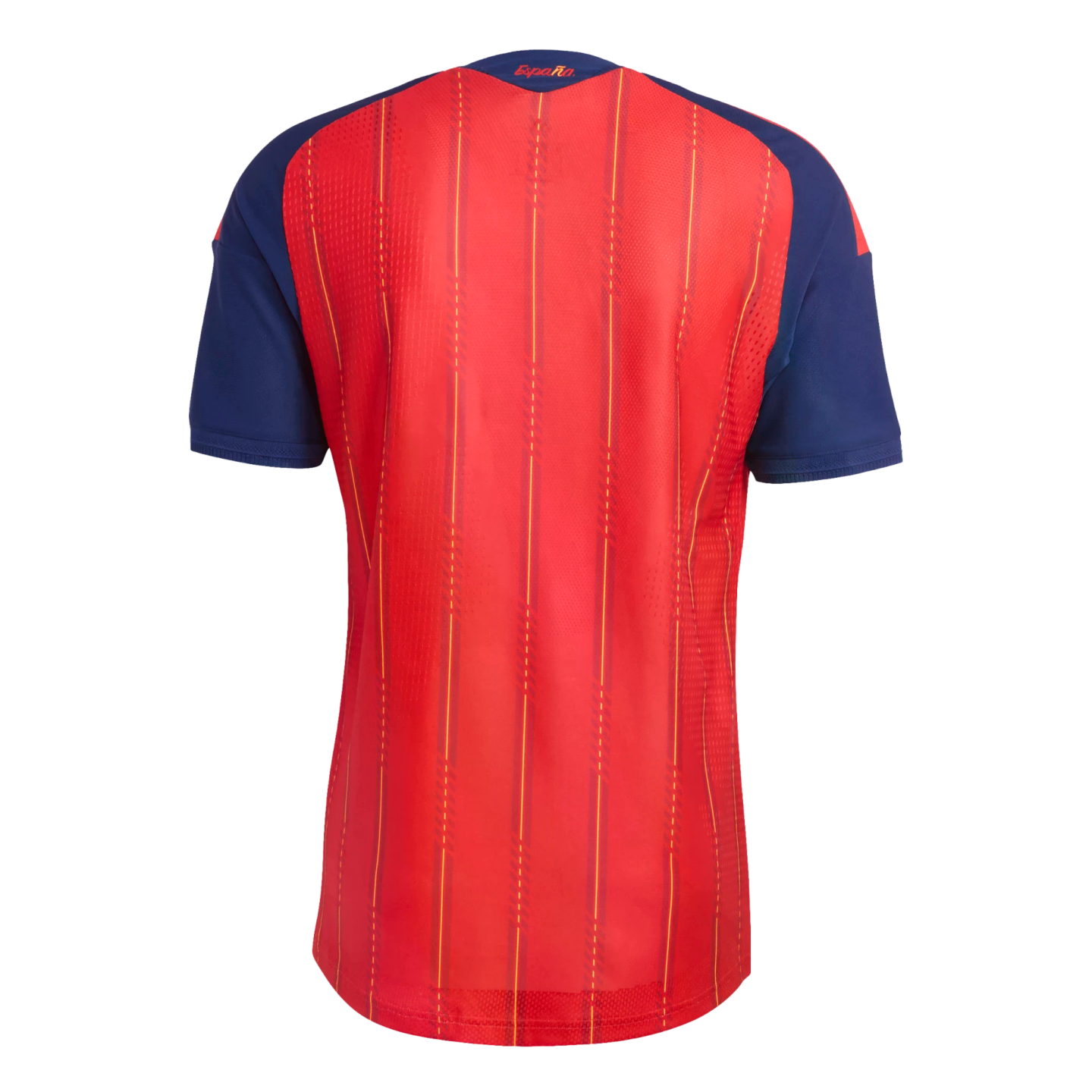 Back of a red Spain national team jersey with blue sleeves and yellow pinstripes. "España" is printed in yellow on the dark blue collar.