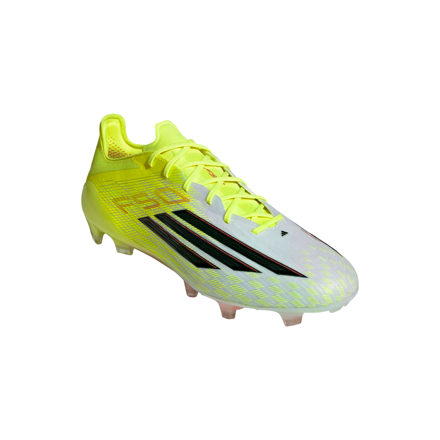 An Adidas F50 soccer cleat in neon yellow and white with black stripes, isolated on a solid black background.