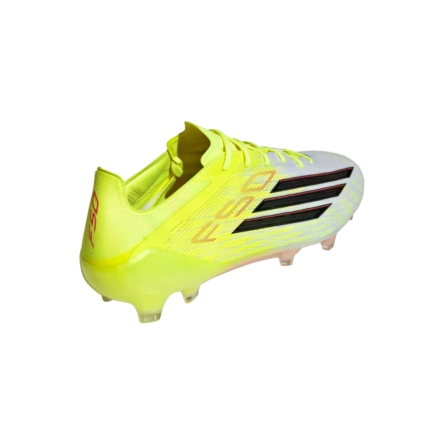 Neon yellow and white Adidas F50 soccer cleat with three black stripes and red accents on a black background.