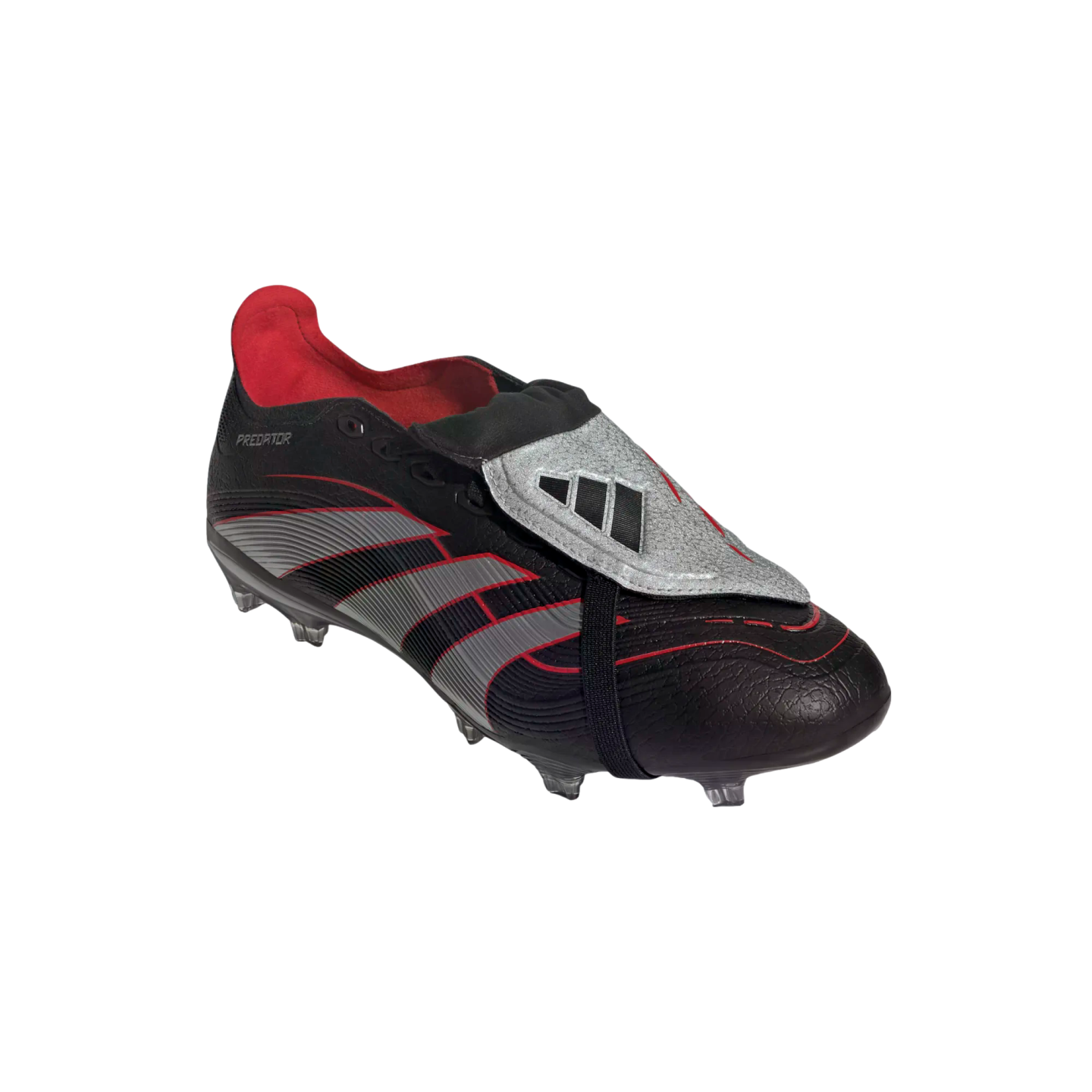 Side view of a black Adidas Predator soccer cleat with silver and red accents, featuring a fold-over tongue and an elastic strap against a black background.