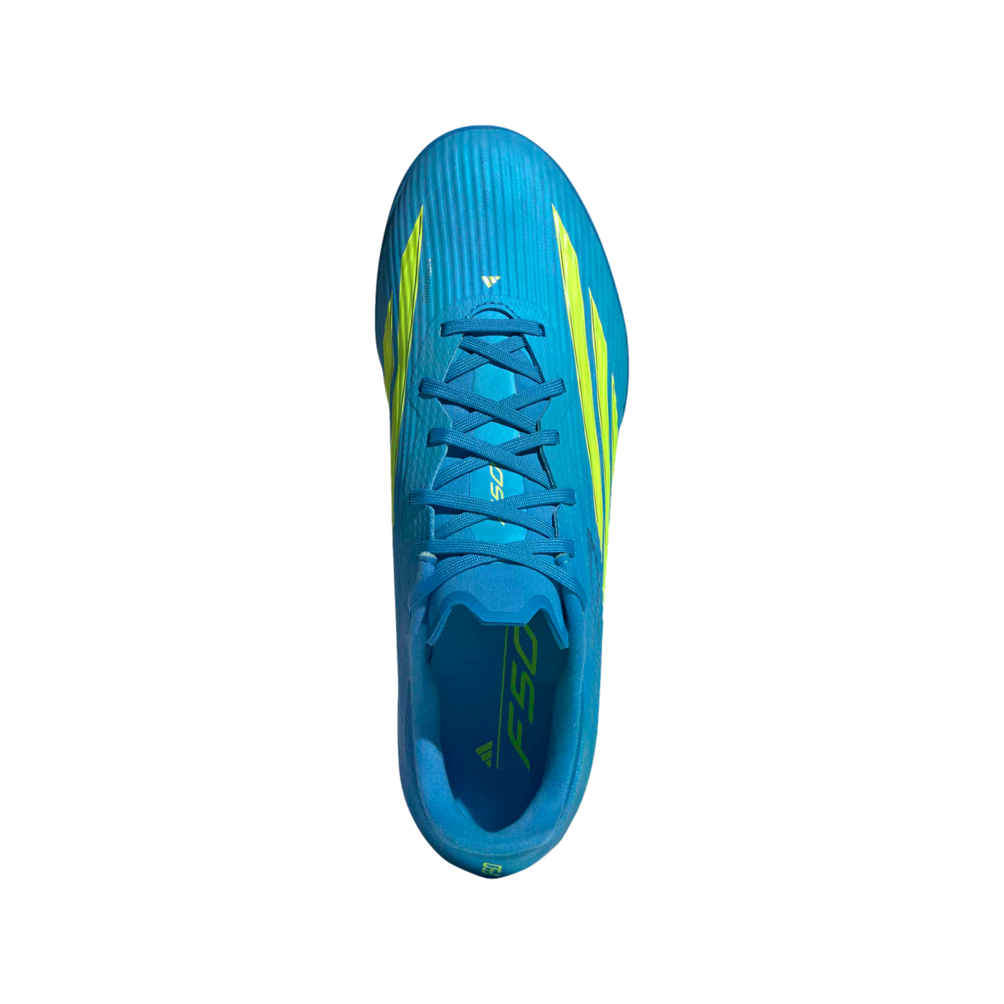 A top-down view of a bright blue Adidas F50 soccer cleat with neon yellow accents and matching blue laces, centered against a solid black background.