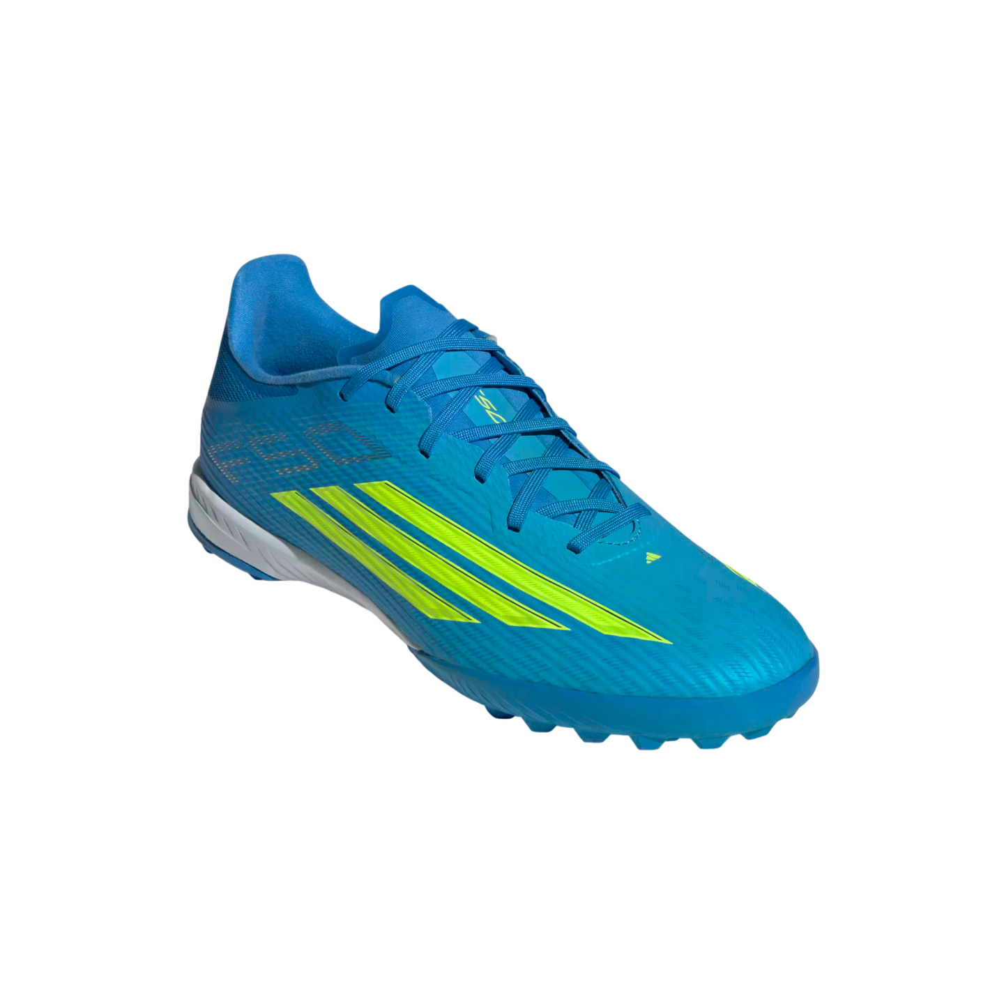 A bright blue Adidas F50 soccer cleat with lime green stripes, featuring blue laces and a studded sole, set against a solid black background.