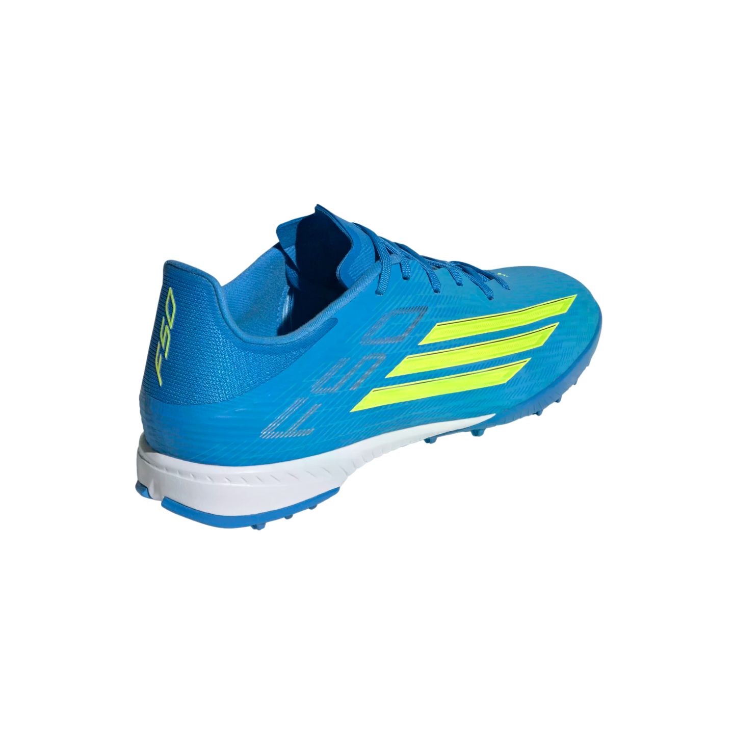 A rear three-quarter view of a bright blue Adidas F50 turf soccer shoe with neon yellow stripes and a white midsole.