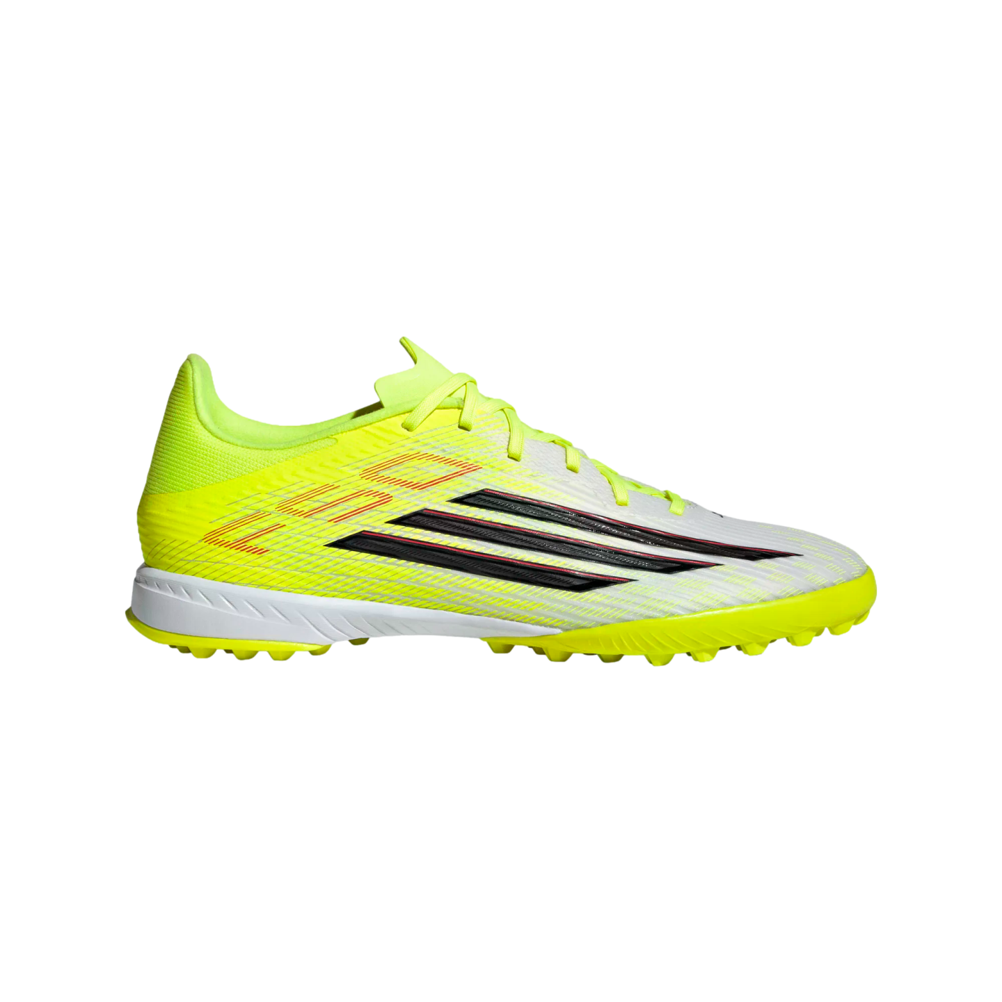 Side profile of a neon yellow and white Adidas soccer turf shoe featuring black stripes with red outlines and a low-profile cleated sole.