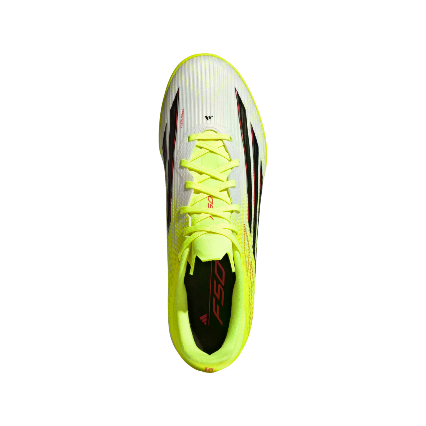 Top-down view of an Adidas F50 soccer cleat in white and neon yellow with black and red accents, isolated on a black background.