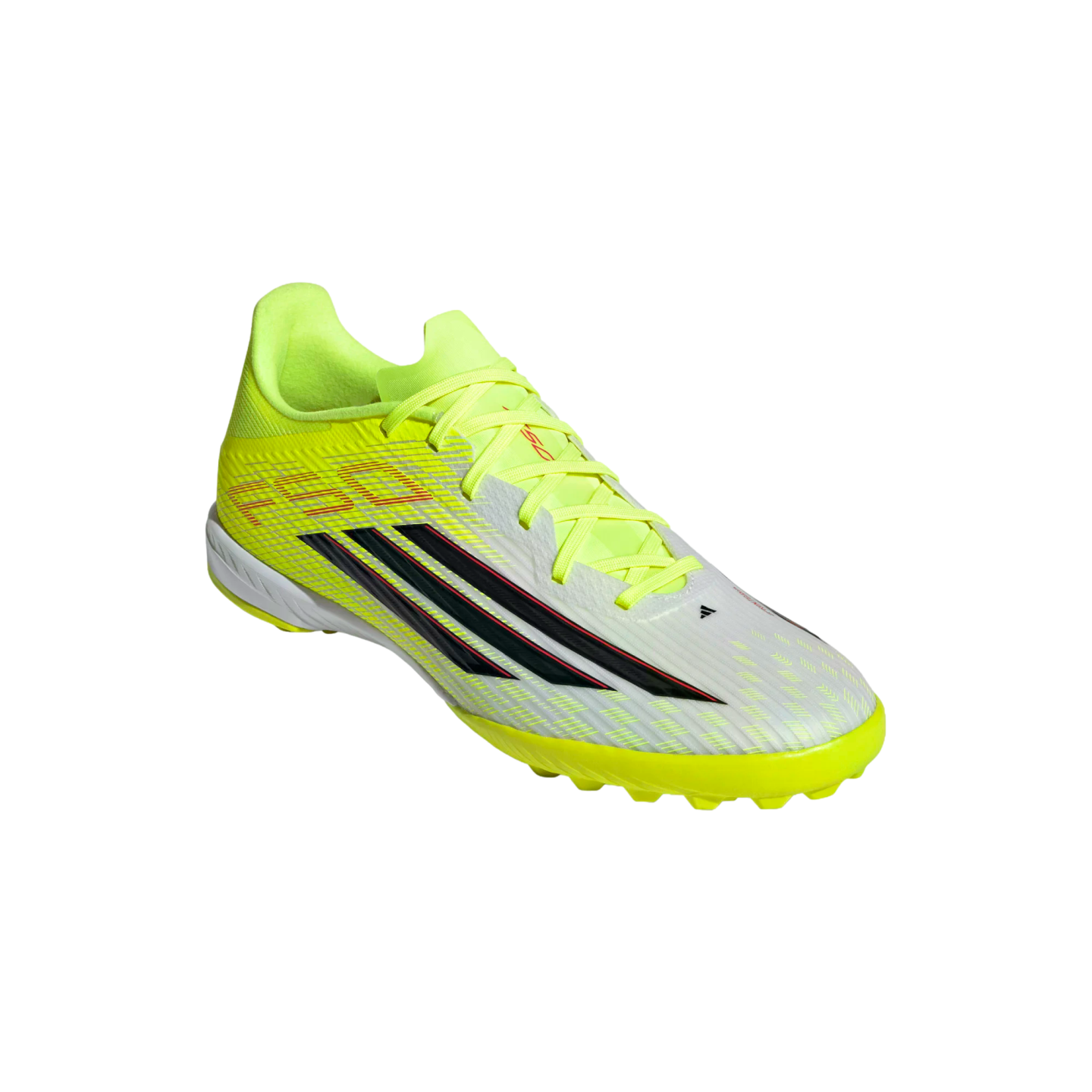A neon yellow and white Adidas F50 turf soccer shoe featuring three black stripes, set against a solid black background.