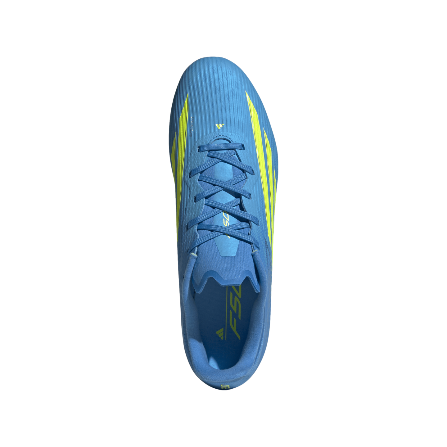 A top-down view of a light blue Adidas F50 soccer cleat with bright yellow accents on a black background.