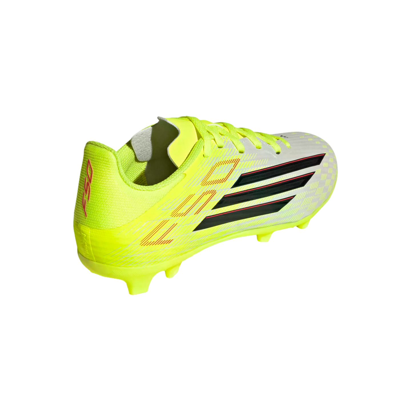Neon yellow and white Adidas F50 soccer cleat with black stripes and red accents against a black background.