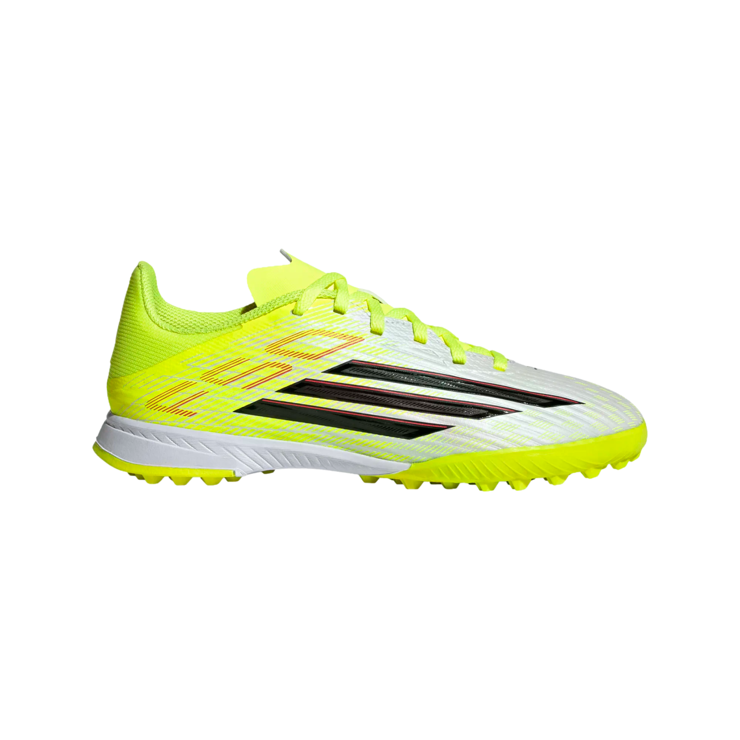 Side view of a neon yellow and white Adidas turf soccer shoe with black stripes and a yellow studded sole, isolated on a black background.