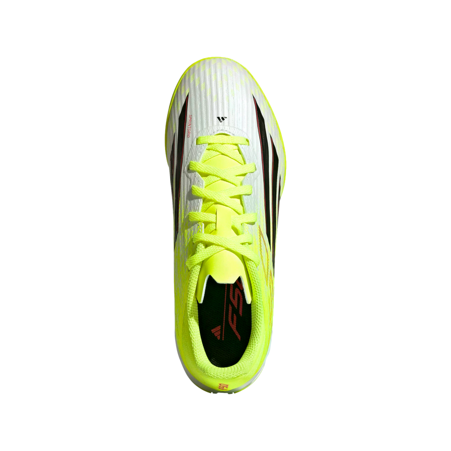 Top-down view of a white Adidas F50 soccer cleat featuring neon yellow laces and collar, accented with black and red designs.