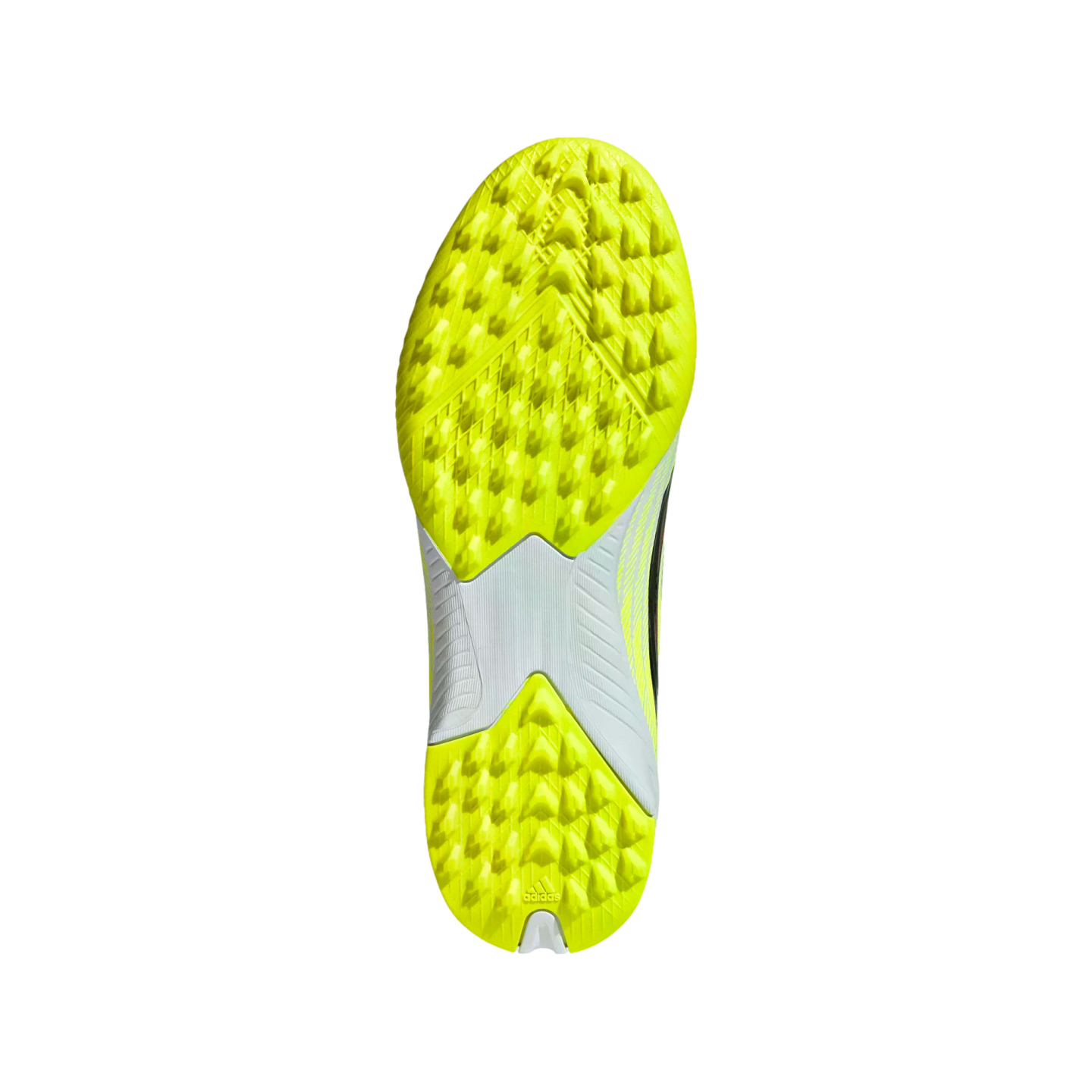 Bottom view of a neon yellow Adidas turf soccer shoe sole with a textured rubber outsole and white midfoot, centered against a solid black background.