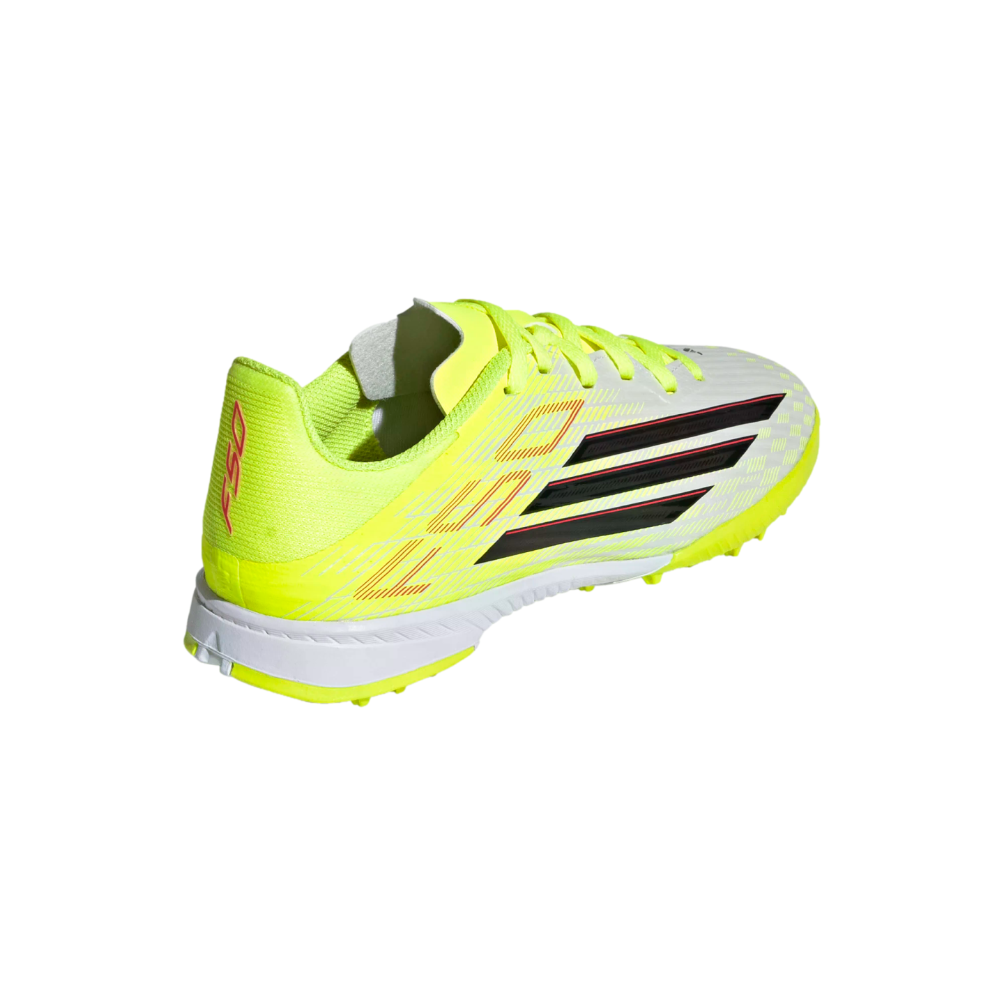 A rear three-quarter view of an Adidas F50 turf soccer cleat in neon yellow and white with black stripes, set against a solid black background.