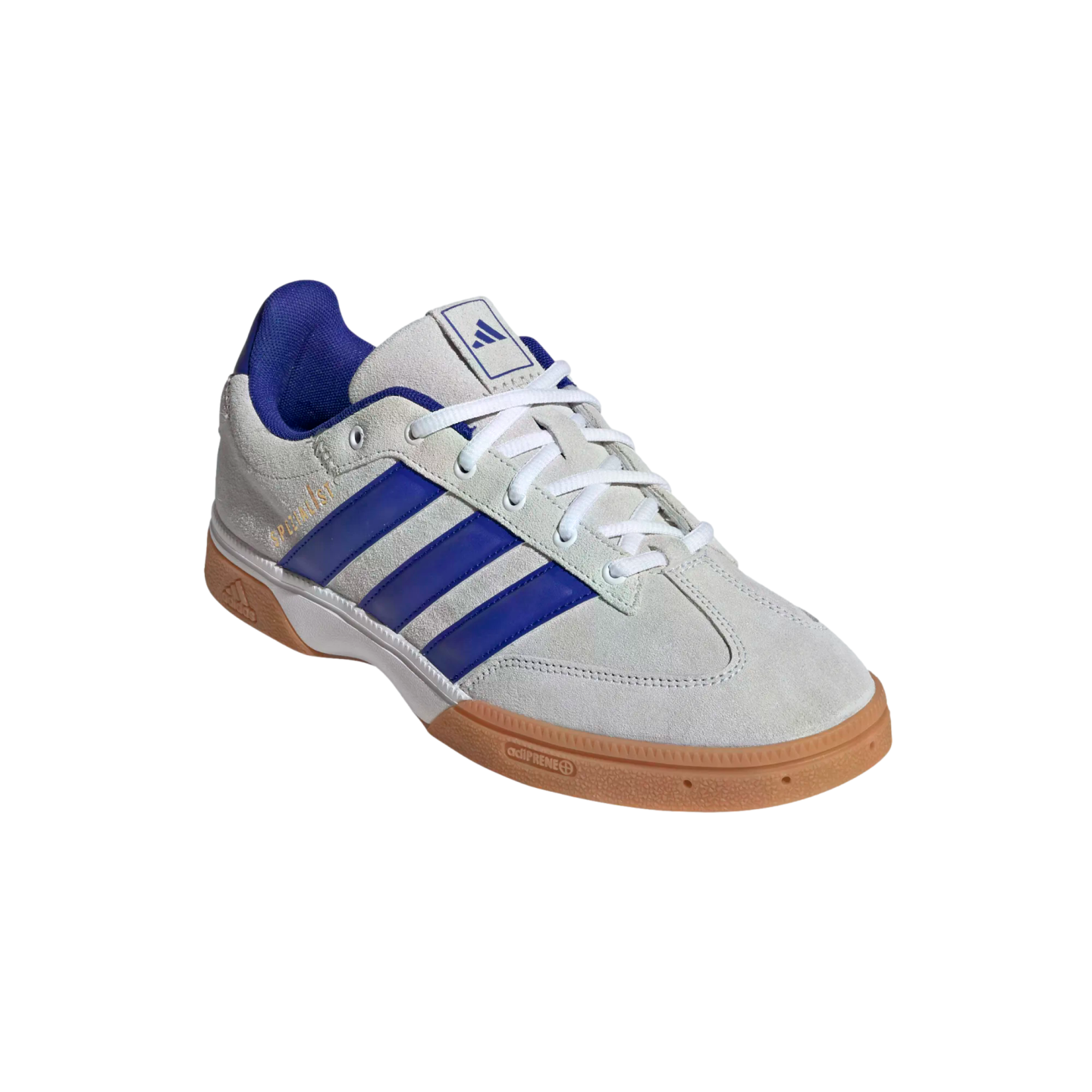 A light grey suede Adidas Spezial sneaker featuring three blue stripes and a gum rubber sole, set against a black background.
