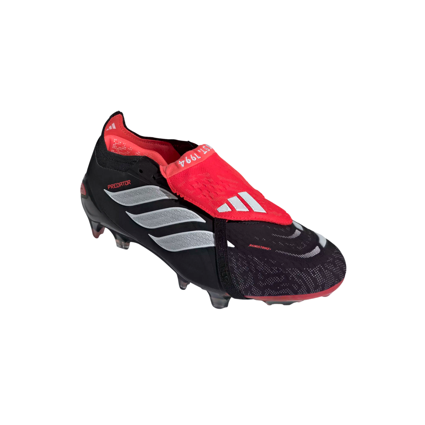 A black and red Adidas Predator soccer cleat with three silver stripes and a fold-over tongue, isolated against a solid black background.