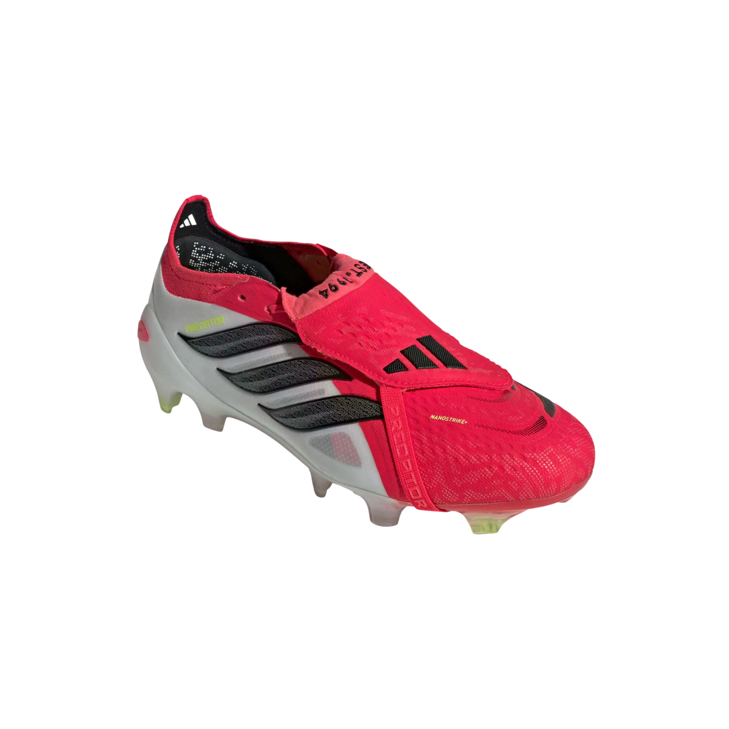 A pink and white Adidas Predator soccer cleat with black stripes and a fold-over tongue, displayed against a solid black background.