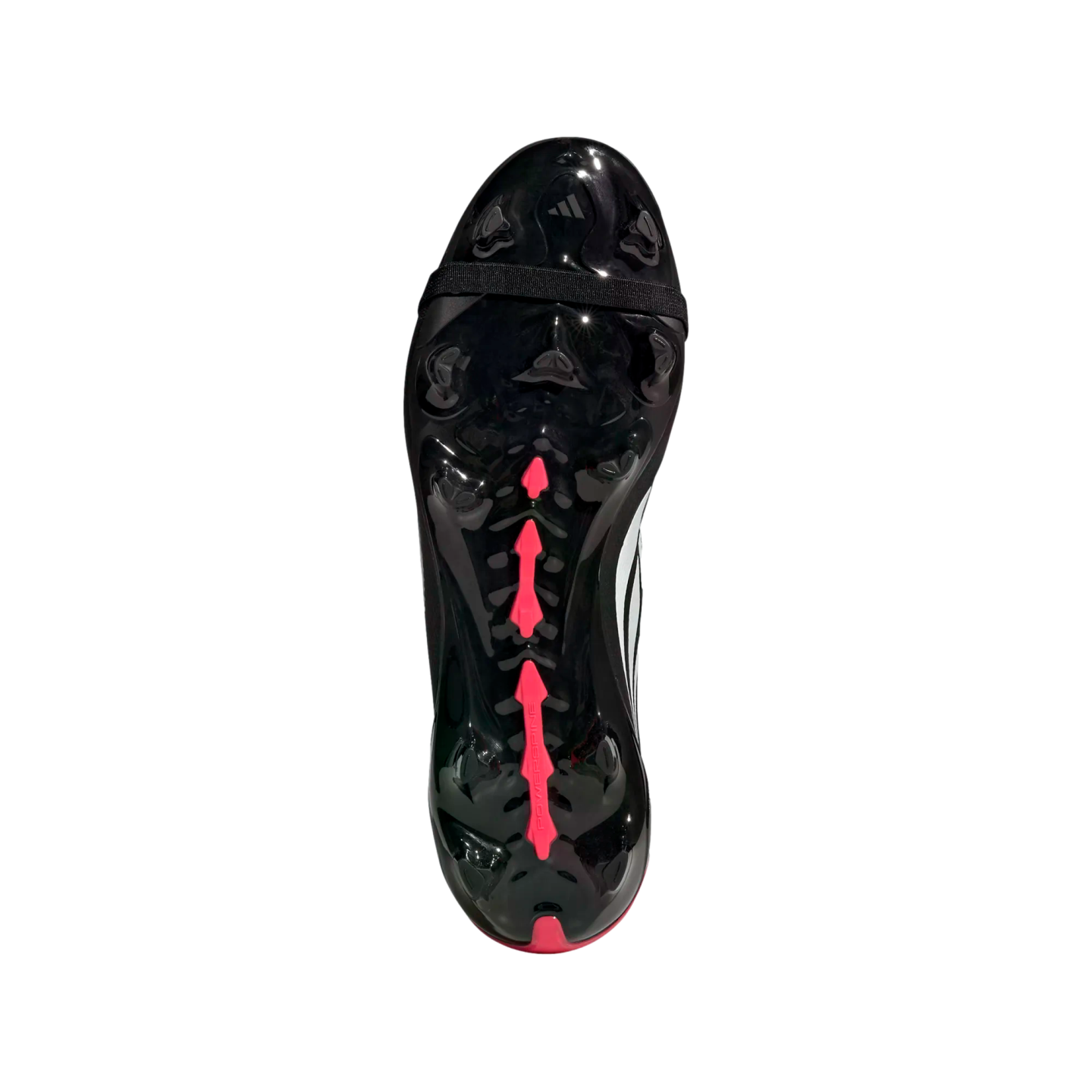 Bottom view of a glossy black Adidas soccer boot featuring pink arrow-shaped studs and a midfoot strap on a black background.