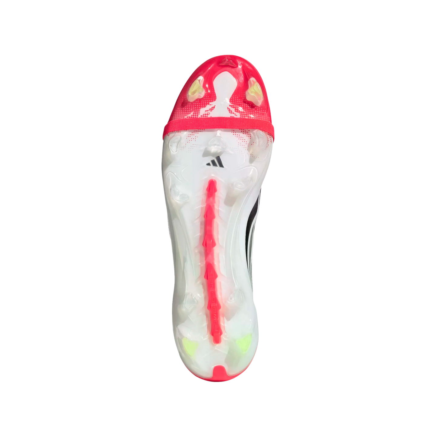 The bottom of a white Adidas soccer cleat with pink and lime green accents, showcasing the stud pattern and power spine on a black background.
