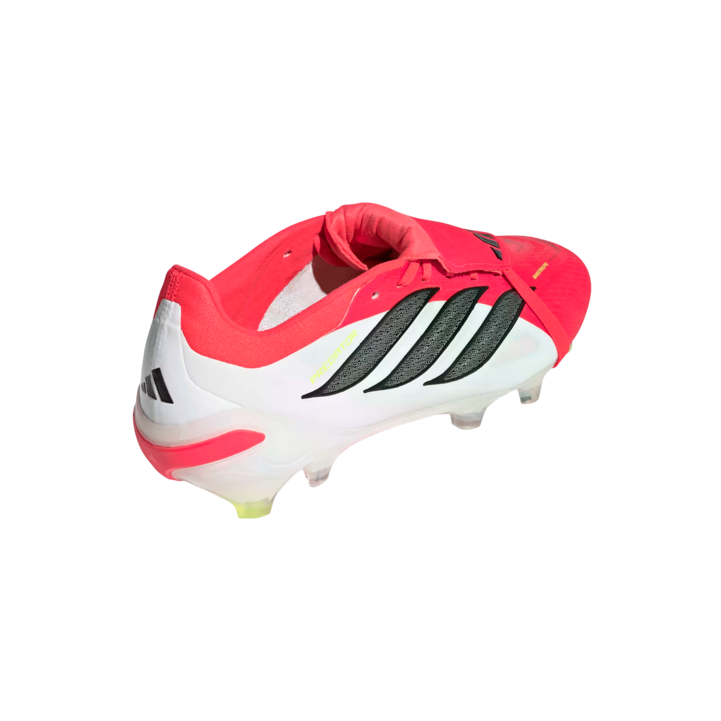 A white and bright pink Adidas Predator soccer cleat with black stripes, shown from a rear side angle on a black background.
