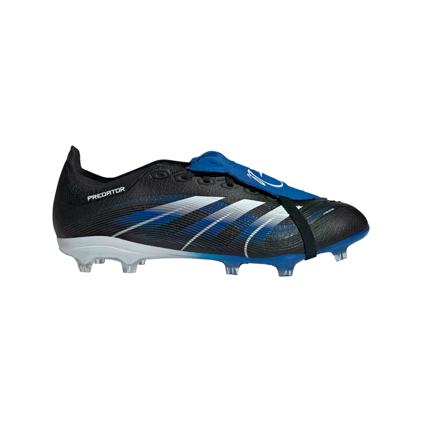 Black and blue Adidas Predator soccer boot with silver stripes and a blue fold-over tongue, side view on a black background.