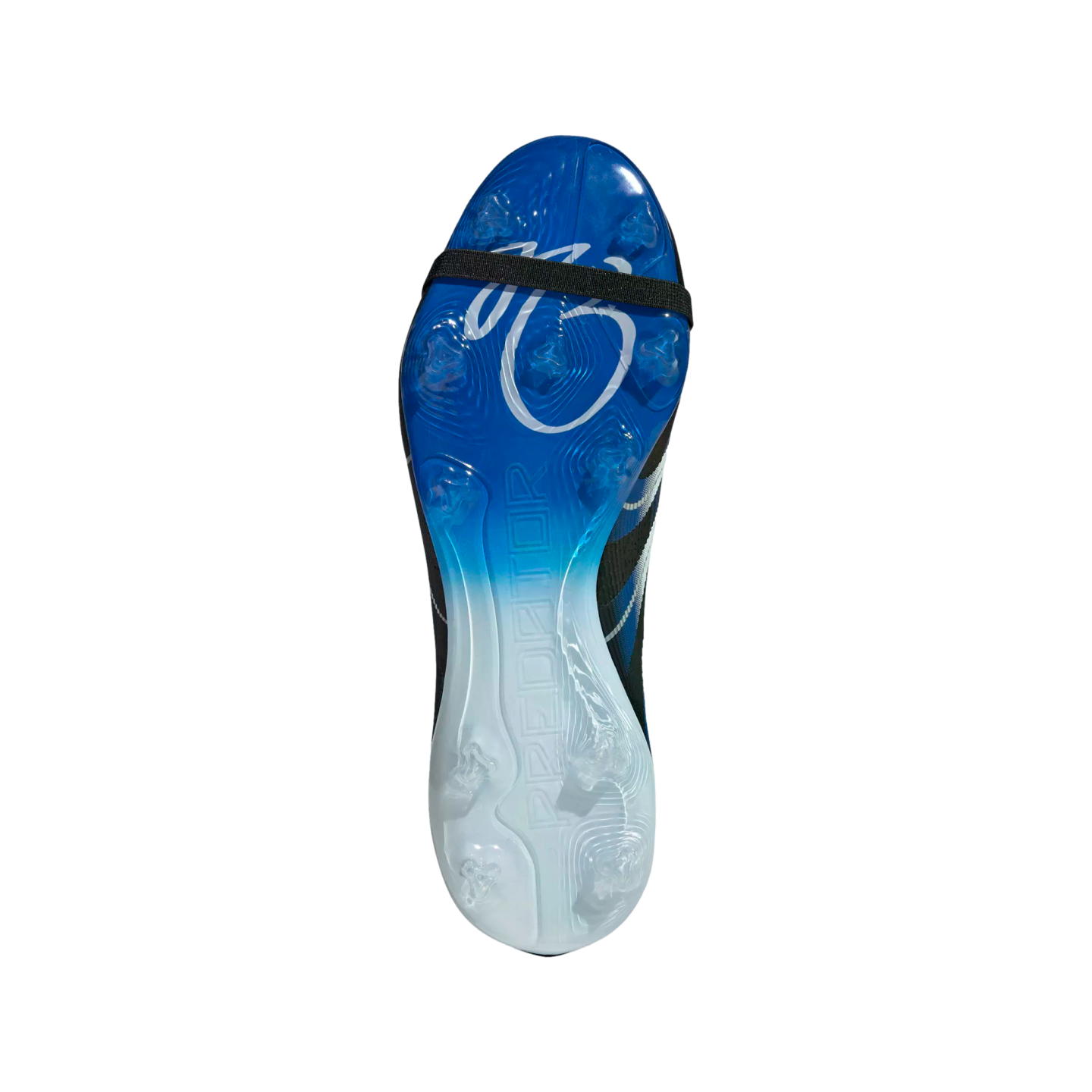 Bottom view of a blue-to-white gradient soccer cleat soleplate featuring clear studs, "PREDATOR" text, a signature graphic, and a black elastic strap.