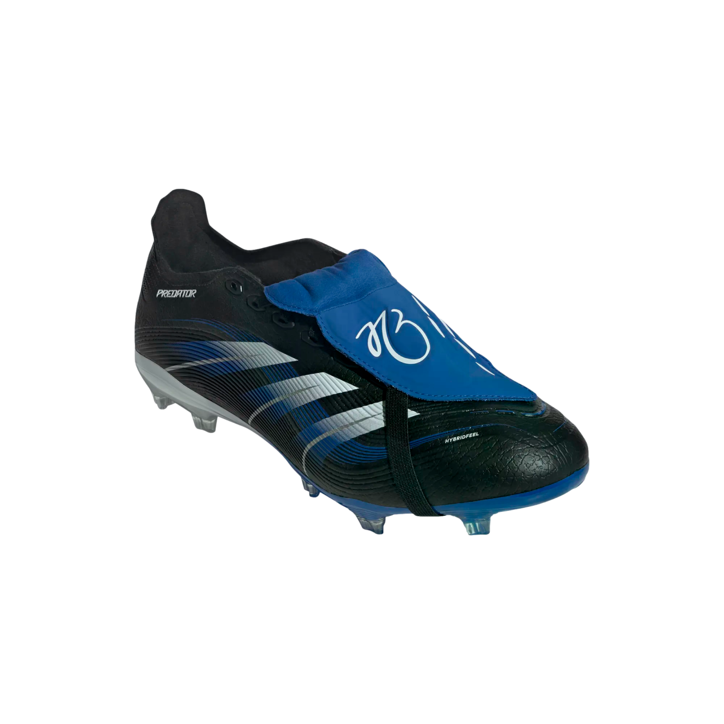 A black Adidas Predator soccer cleat with silver side stripes and a blue fold-over tongue featuring a white signature graphic.