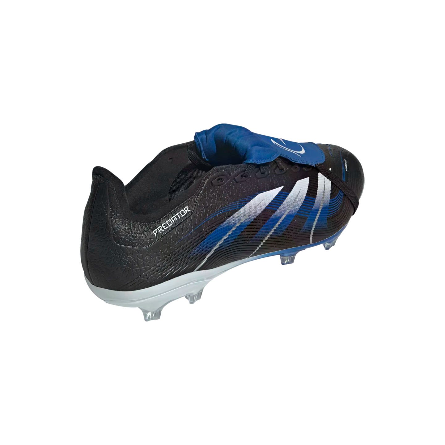 A black Adidas Predator soccer cleat featuring a blue fold-over tongue, white side stripes with blue details, and clear studs, displayed against a solid black background.