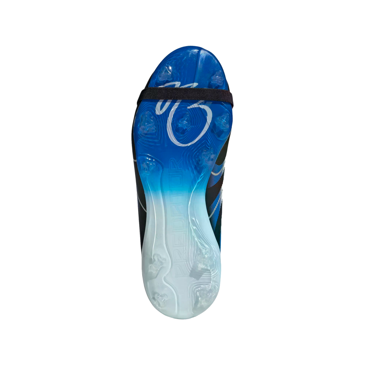 Bottom view of a soccer cleat soleplate with a blue and white gradient, a black forefoot strap, and "PREDATOR" text, on a black background.