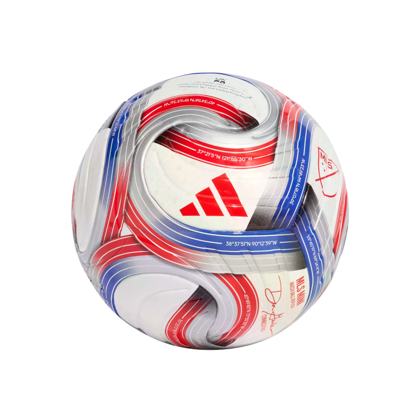Adidas MLS mini replica soccer ball featuring red, blue, and silver swirling designs with printed geographic coordinates against a black background.