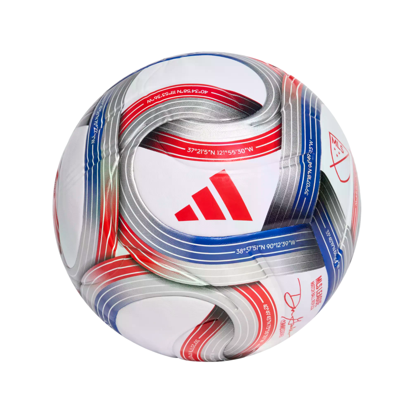 White Adidas soccer ball with red, blue, and silver curved patterns and coordinates. Features a red Adidas logo and the MLS logo against a black background.