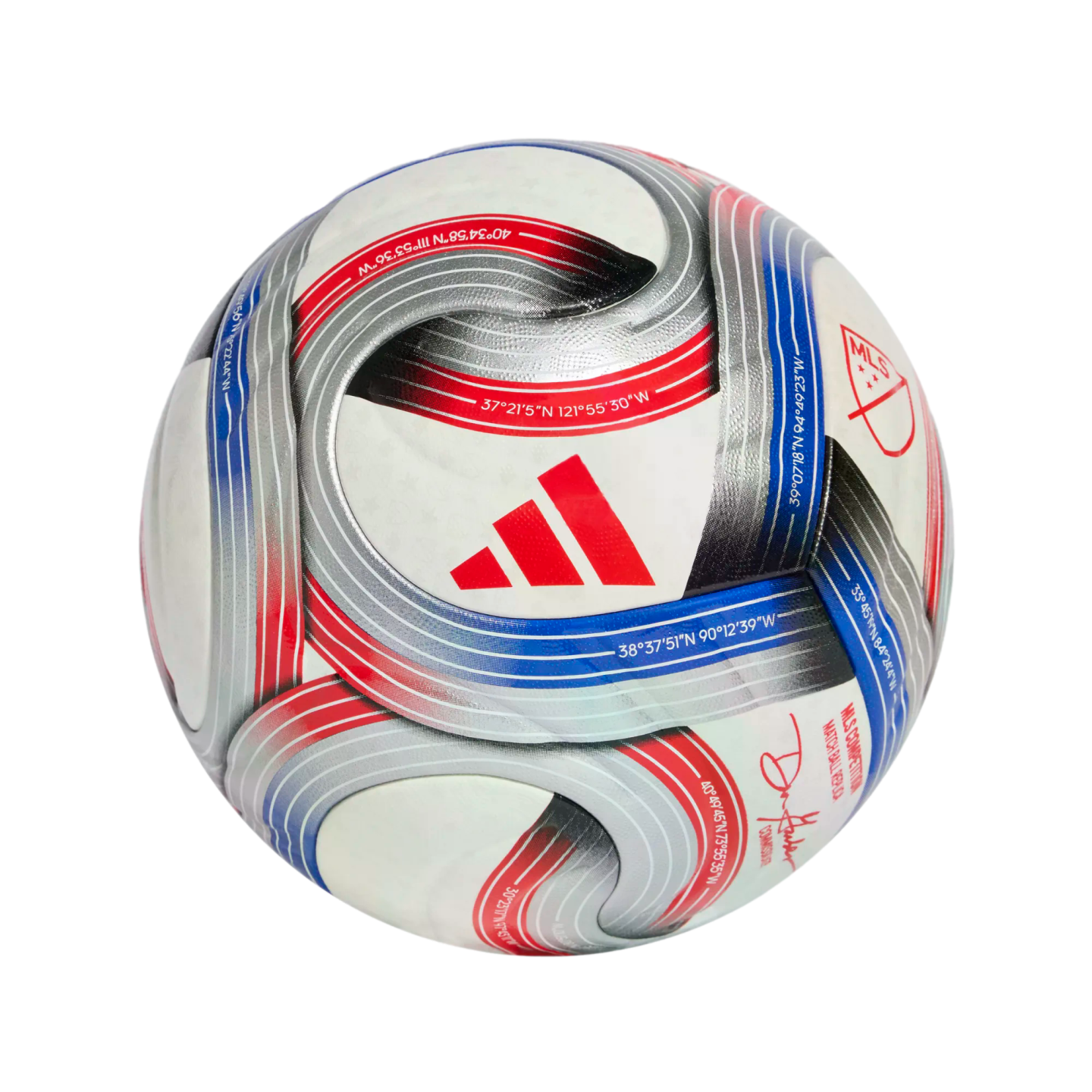 White Adidas MLS soccer ball with red, blue, and silver curved patterns featuring geographic coordinates.