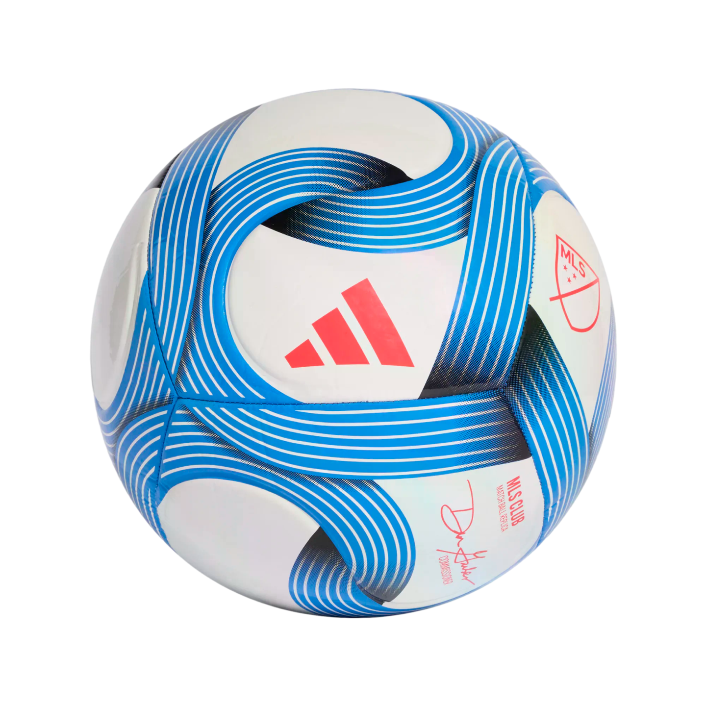 White Adidas MLS soccer ball with blue ribbon patterns and red logos on a black background.