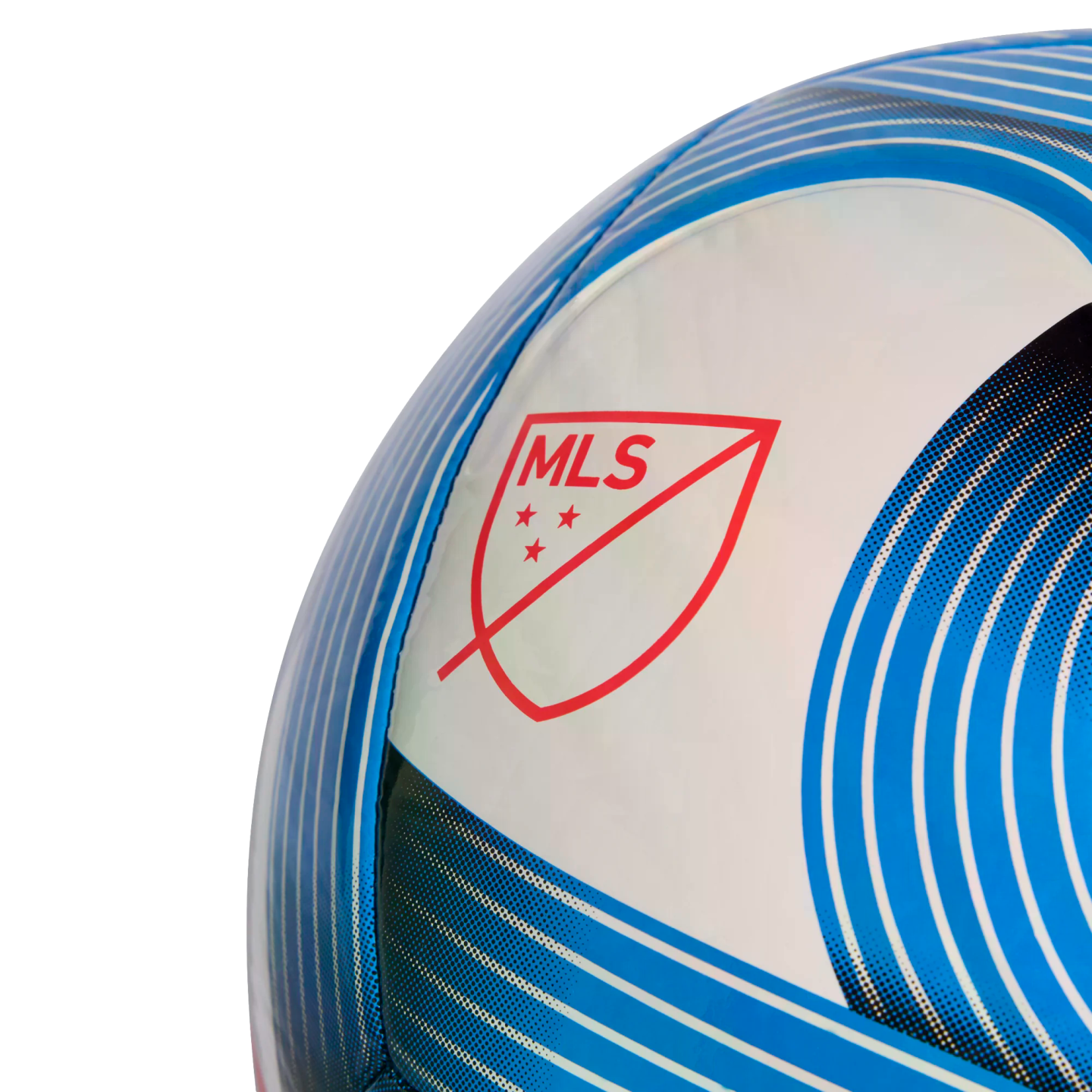Close-up of a blue and white patterned soccer ball featuring the red Major League Soccer (MLS) crest logo on a white panel.