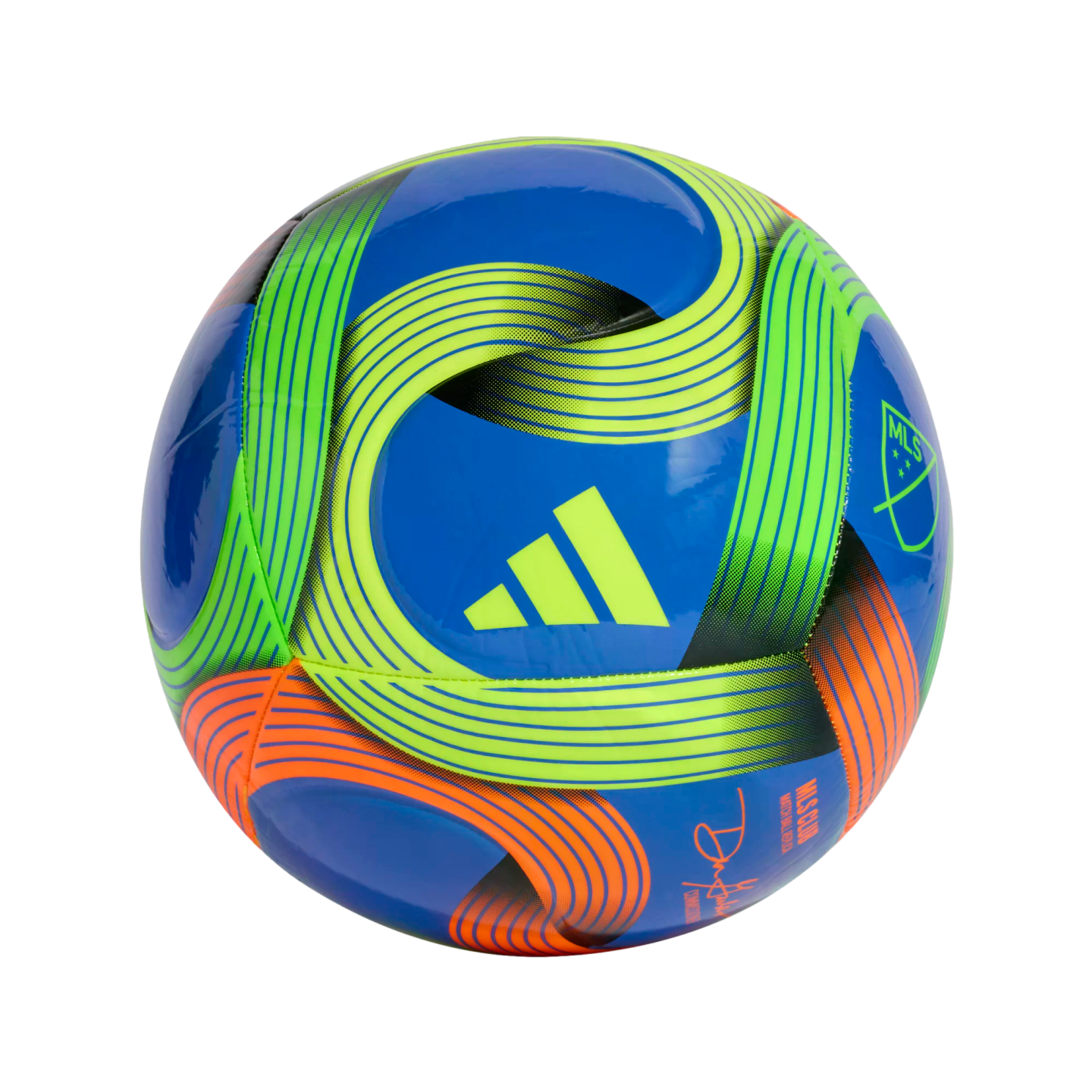 Blue Adidas MLS soccer ball with neon green and orange swirling graphics on a black background.