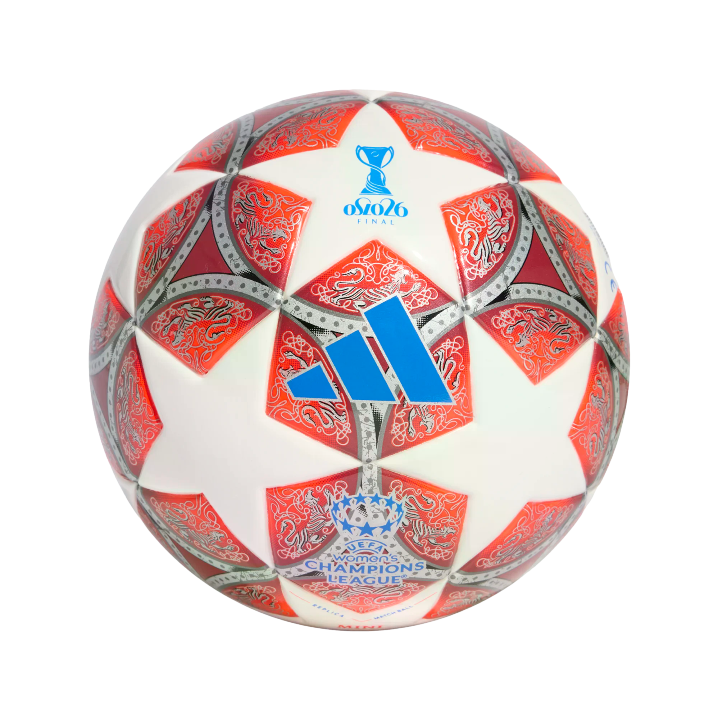Adidas UEFA Women's Champions League Oslo 26 Final mini replica soccer ball with white, red, and silver star-patterned graphics.