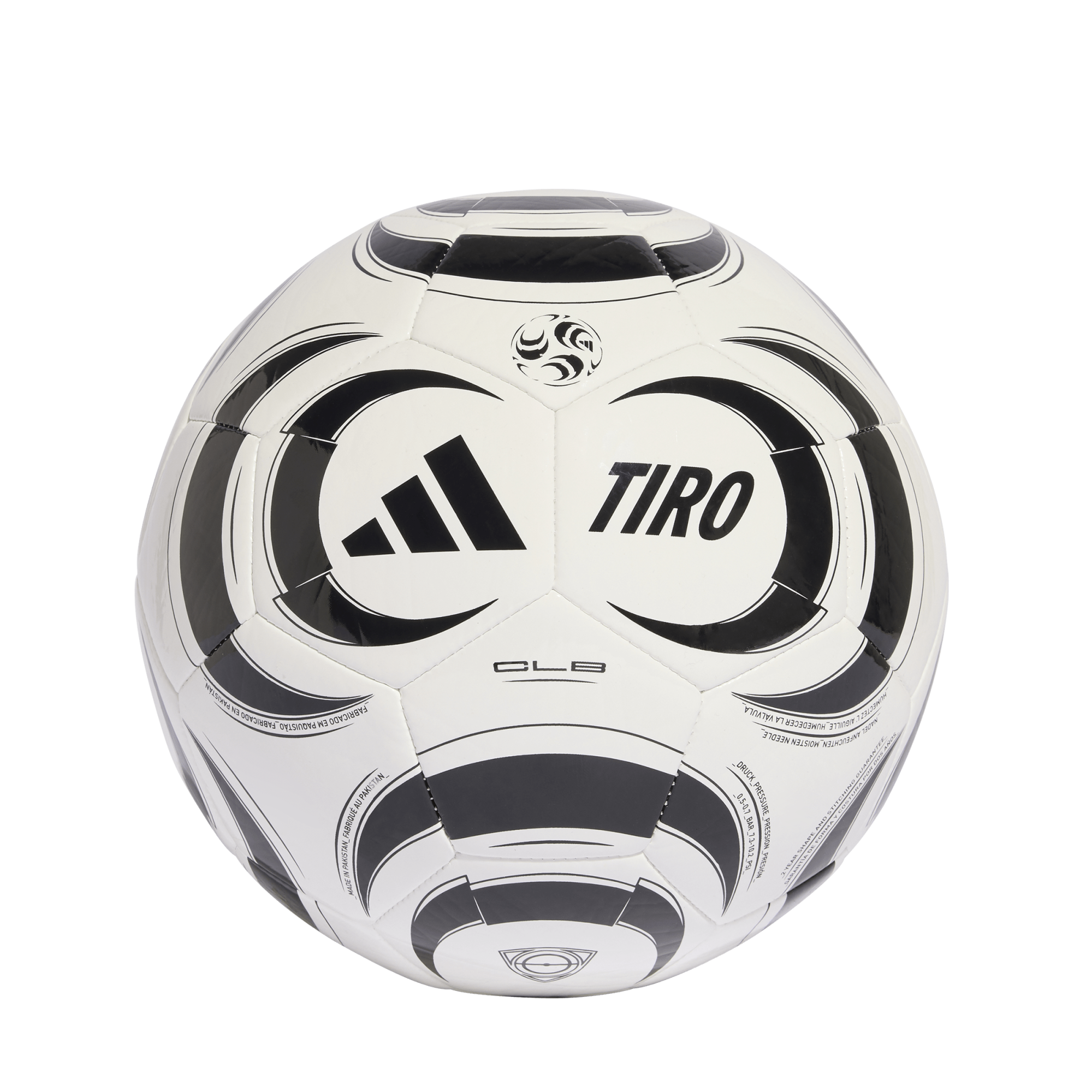 A studio shot of a white Adidas Tiro soccer ball featuring bold black graphic designs, centered against a solid black background. The ball displays the Adidas three-stripe logo and the word "TIRO" in black on its front panels.