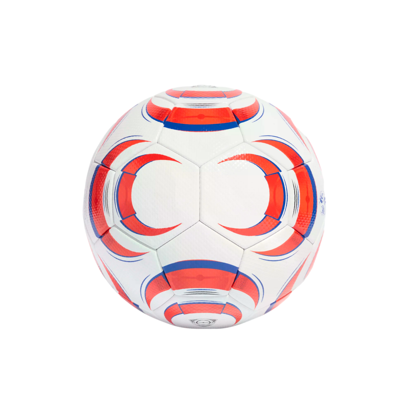 A white soccer ball with red and blue curvilinear patterns, isolated against a solid black background.