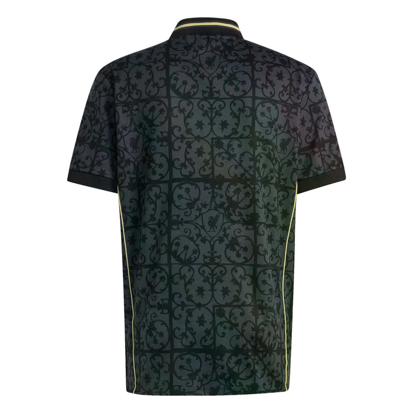 Back view of a dark grey polo shirt featuring an ornate black scrollwork grid pattern and thin yellow stripes on the collar and side seams.