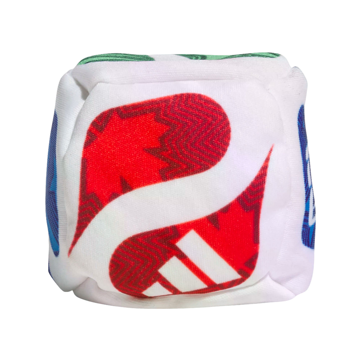 A plush white cube toy featuring colorful abstract graphics. The front face shows a red shape with white Adidas stripes.