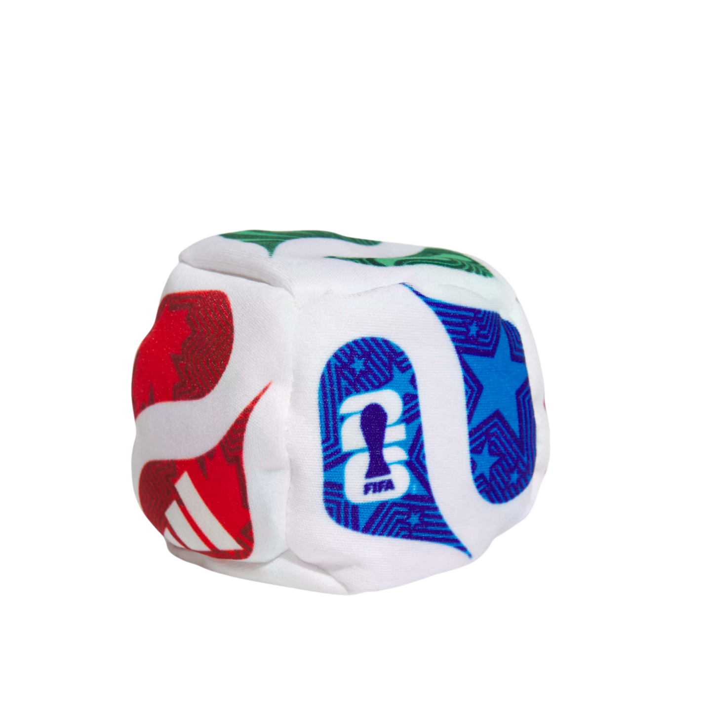 Small white plush cube featuring colorful FIFA World Cup 2026 and Adidas logos on its faces, set against a black background.