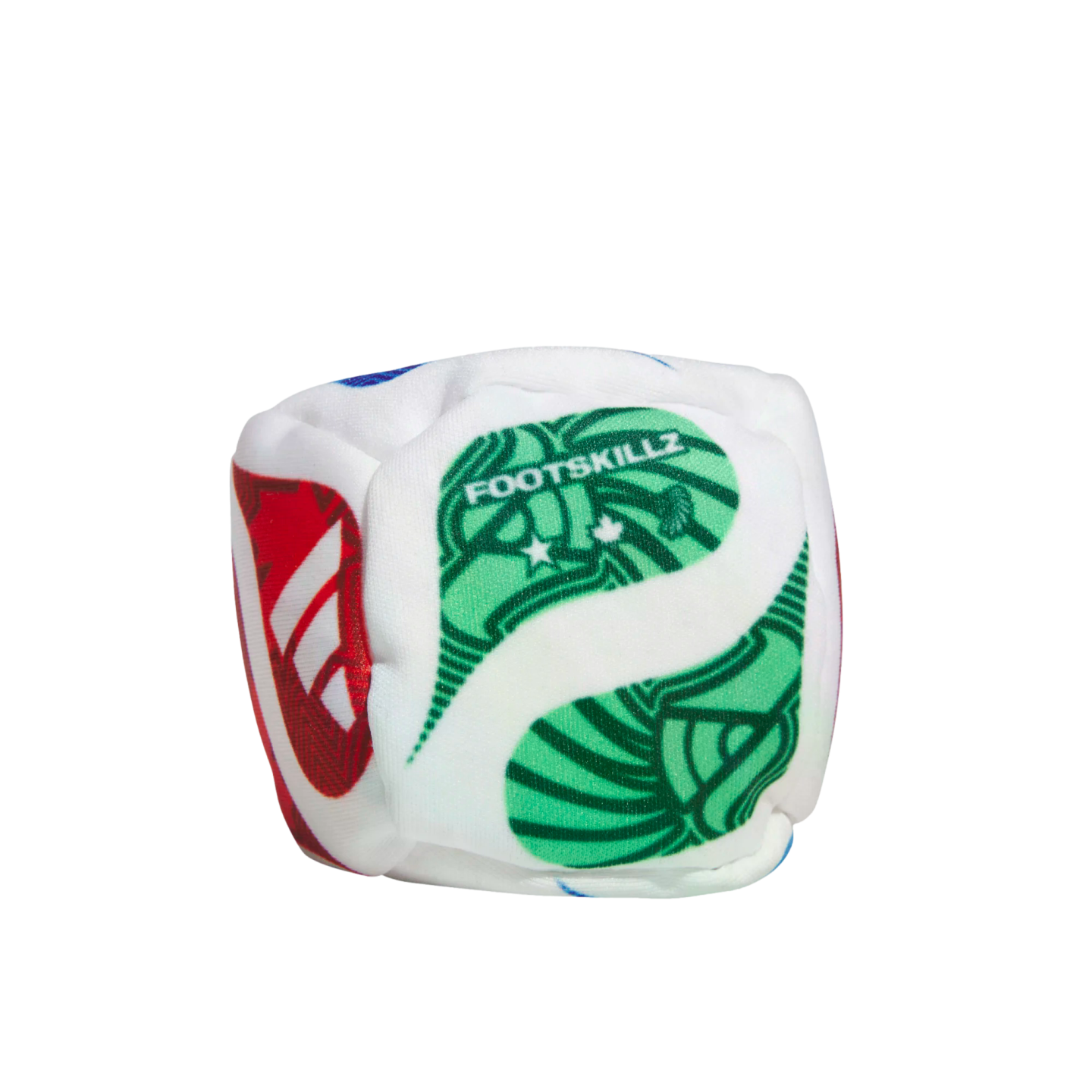 A soft white fabric cube with a green "FOOTSKILLZ" logo and red side pattern, isolated on a black background.