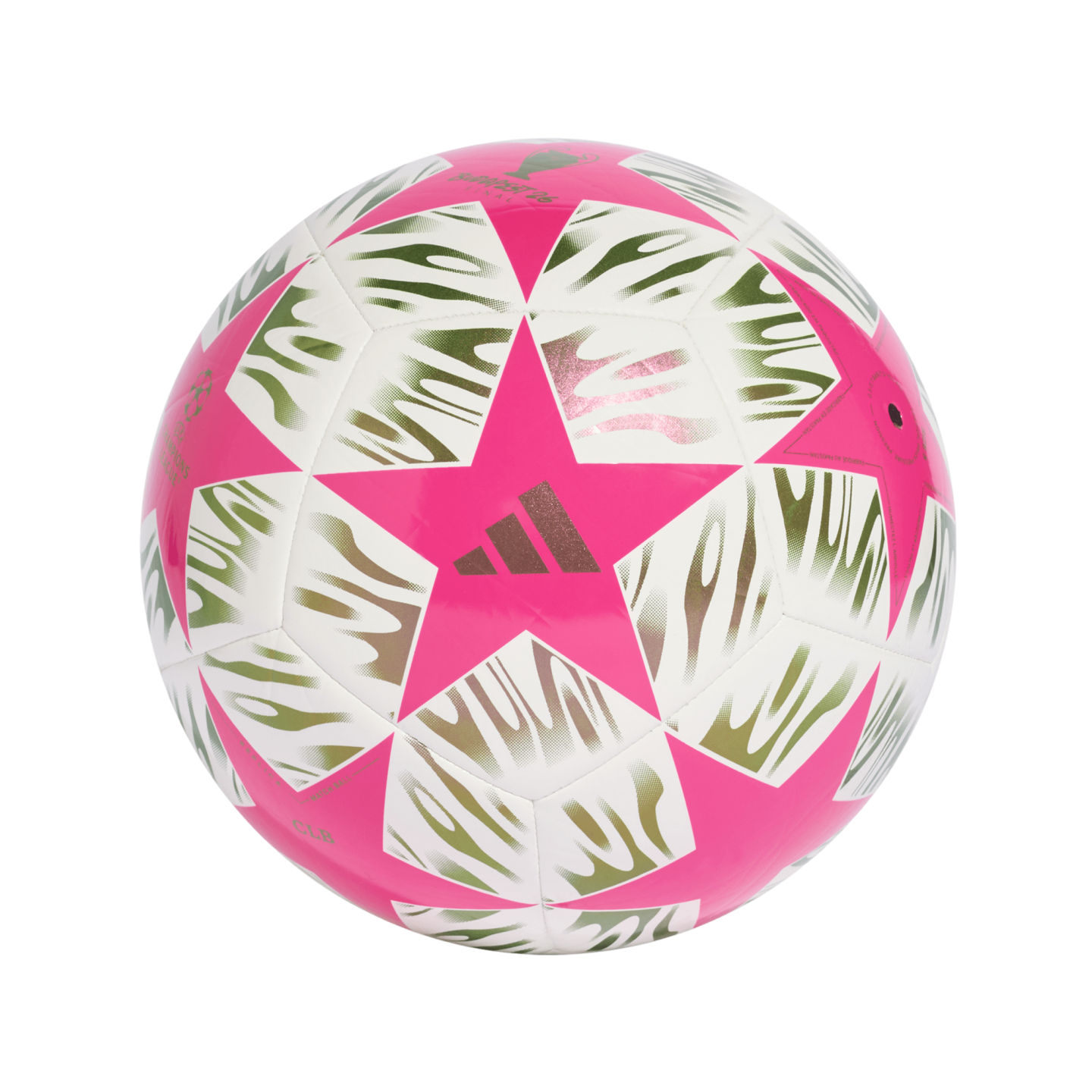 Adidas UEFA Champions League soccer ball with pink star panels and green tiger-stripe patterns on a white background.