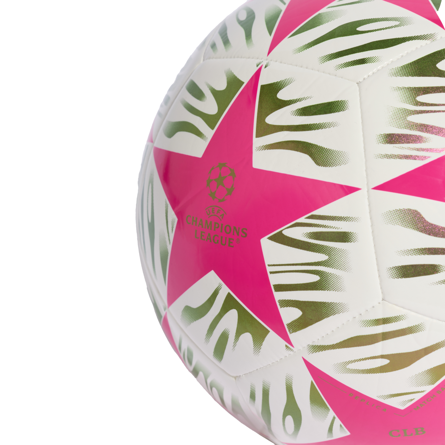 Close-up of a white UEFA Champions League soccer ball featuring bright pink stars and green-and-white textured patterns.