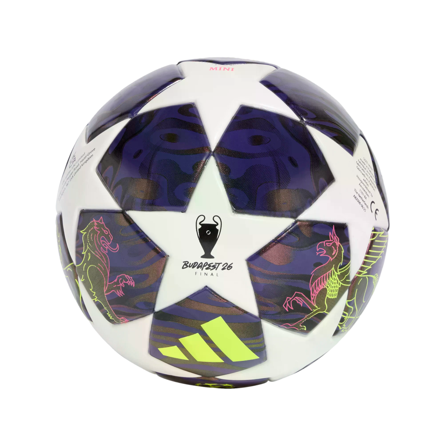 Adidas UEFA Champions League "Budapest 26 Final" mini soccer ball with white and purple star panels, featuring neon griffin illustrations and a yellow logo.