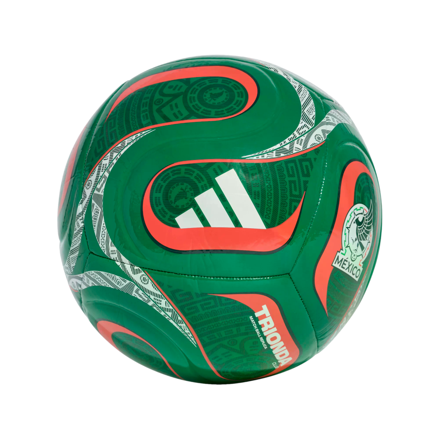 Green Adidas Mexico soccer ball with red and white accents, featuring Aztec-style geometric patterns, the Mexico team crest, and the "TRIONDA" logo.