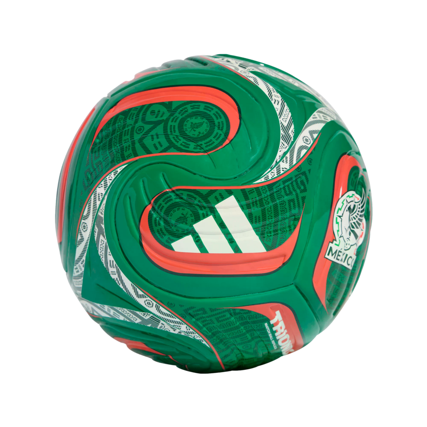 Green Adidas soccer ball with red and white accents, the Mexico national team crest, and intricate Aztec-inspired patterns on a black background.