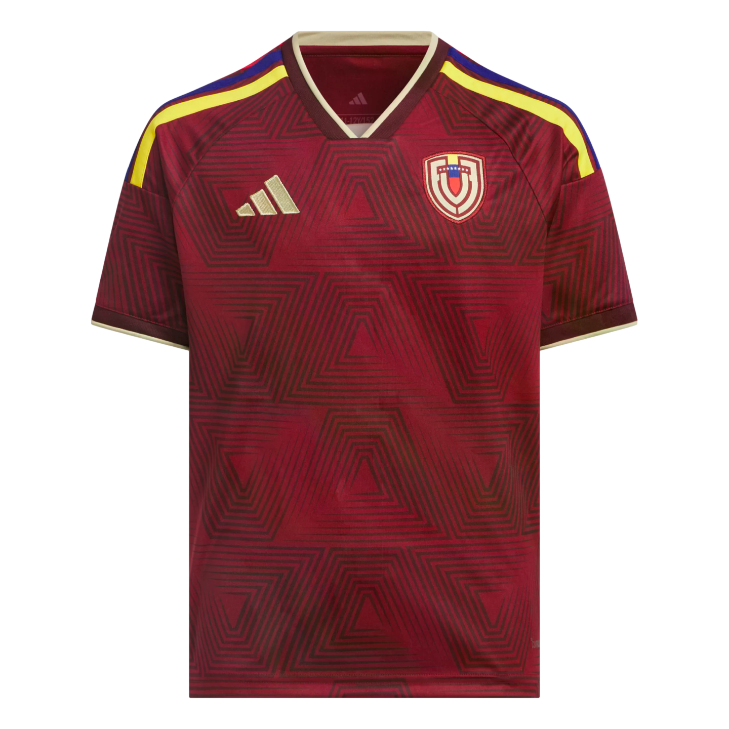 A maroon Adidas Venezuela national soccer jersey featuring a repeating geometric pattern, yellow and blue shoulder stripes, and the team crest on the chest.