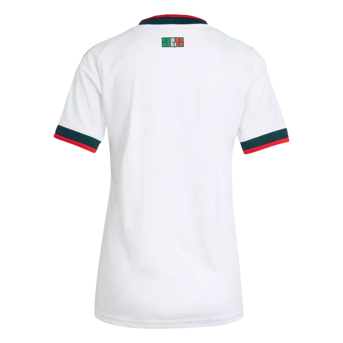 The back view of a white short-sleeve jersey with green and red trim on the collar and cuffs, featuring a small "Somos México" graphic centered at the top back.